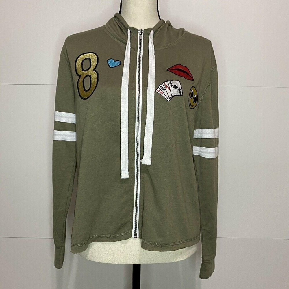 Miss Chievous Sz Medium Full-Zip Hoodie Jacket Taupe Embroidered